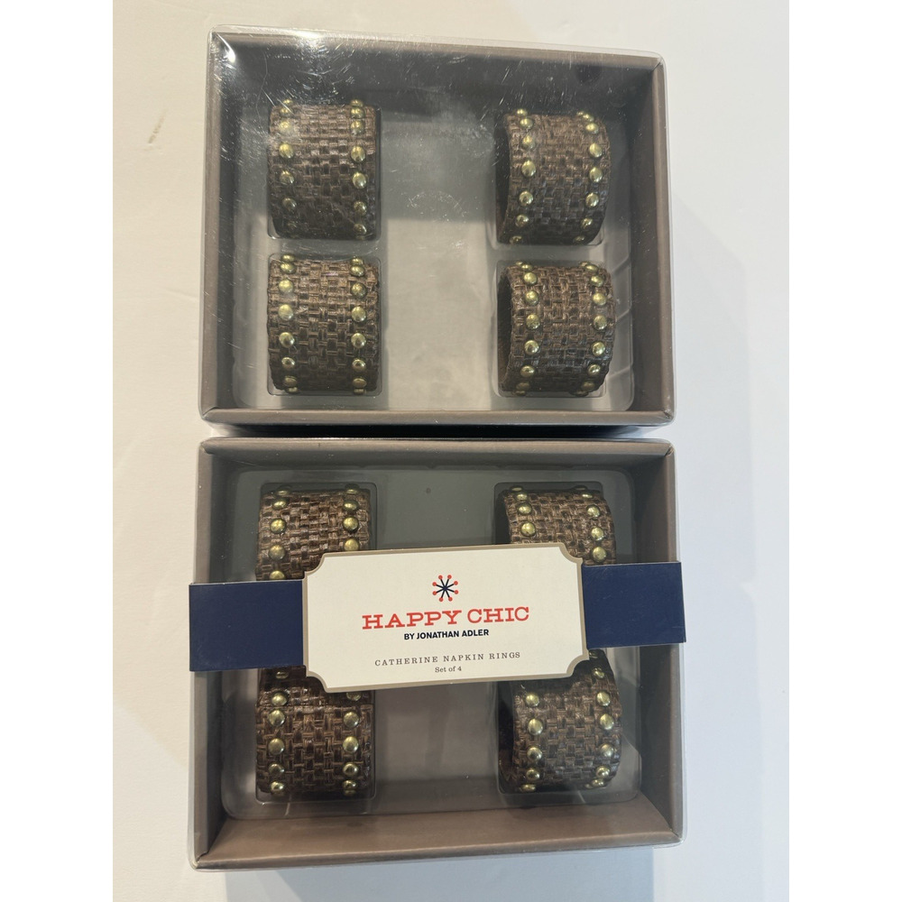 8 Happy Chic by Jonathan Adler Napkin Rings Brown Woven Gold Studs